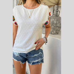 Devine Swiss Dot Round Neck Crochet Short Sleeve Top
