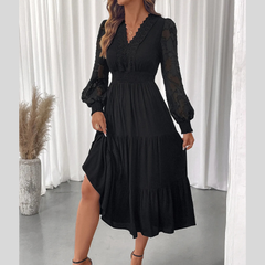 Lace Detail Lantern Sleeve Tiered Dress