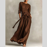 Full Size Long Sleeve Tie Waist Maxi Dress Plus Size