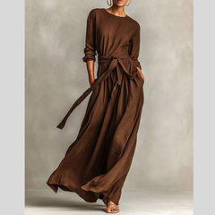 Full Size Long Sleeve Tie Waist Maxi Dress Plus Size