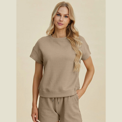 Double Take Full Size Texture Short Sleeve Top and Shorts Set