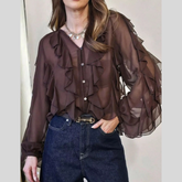 Ruffled Sheer Long Sleeve Blouse