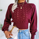 Openwork Mock Neck Long Sleeve Cropped Sweater