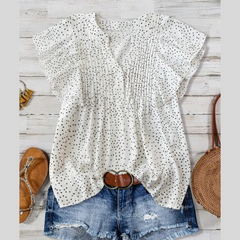 Polka Dot Notched Ruffled Cap Sleeve Blouse