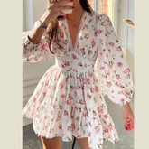 Lace Detail V-Neck Balloon Sleeve Dress