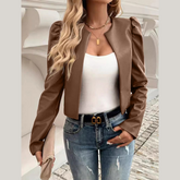 PU Leather Open Front Puff Sleeve Jacket