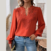 Swiss Dot Lace Detail Notched Long Sleeve Blouse