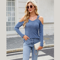 Ribbed Cold Shoulder Long Sleeve Top