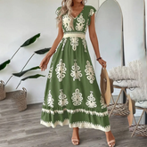 Women's Summer Flowy Maxi Dress Casual Cap Sleeve V Neck Smocked Waist Beach Sundress-FREE USA SHIPPING