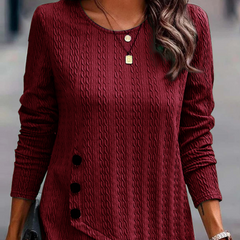 Decorative Button Round Neck Long Sleeve Top