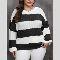 Plus Size Striped Round Neck Long Sleeve Sweater