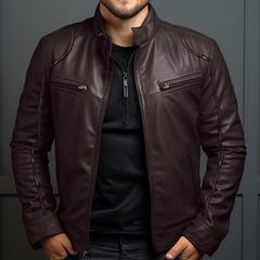 Men's Stand Collar Motorcycle Leather Jacket