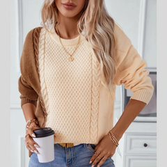 Two Tone Cable Knit Round Neck Long Sleeve Sweater