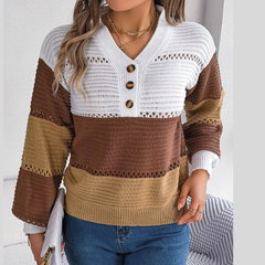 Color Block Striped V-Neck Button Detail Sweater