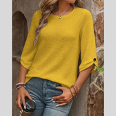 Waffle-Knit Round Neck Knit Top