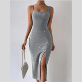Women's Solid Color Bright Diamond Side Slit Suspender Dress-FREE USA SHIPPING