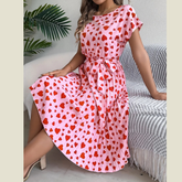Heart Print Short Sleeve Tie Waist Dress