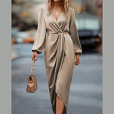 High-Low Surplice Balloon Sleeve Midi Dress