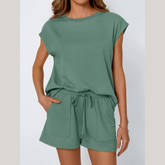 Round Neck Cap Sleeve Top and Shorts Set