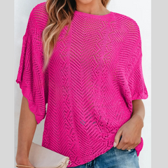 Scallop Edge Half Sleeve Pointelle Knit Top