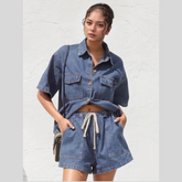 Collared Neck Button Up Top and Shorts Denim Set