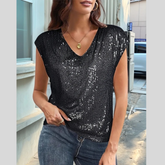 V-Neck Sequin Cap Sleeve Top