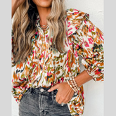Abstract Print 3/4 Sleeve Ruffle Blouse