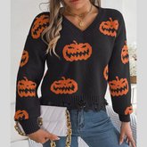 Halloween Pumpkin Pattern Raw Hem V-Neck Sweater