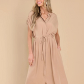 Drawstring Collared Neck Short Sleeve Midi Dress