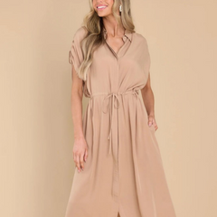 Drawstring Collared Neck Short Sleeve Midi Dress