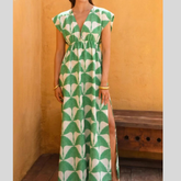 Slit Printed V-Neck Cap Sleeve Maxi Dress