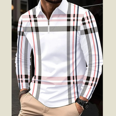 Men's Full Size Plaid Zip Collar Long Sleeve Polo Plus Size