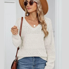 Cozy Eyelet Knit V-Neck Long Sleeve Sweater �Chic & Feminine Style