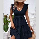 Ruffled V-Neck Cap Sleeve Dress