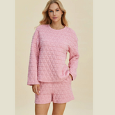 Double Take Full Size Texture Round Neck Long Sleeve Top and Shorts Set