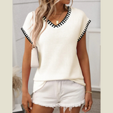 Contrast Trim V-Neck Short Sleeve Knit Top