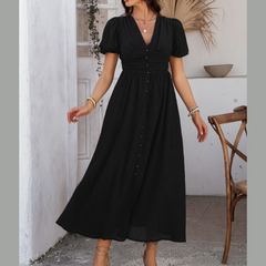 Devine V-Neck Puff Short Sleeve Midi Dress