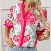 Floral Frilled V Neck Short Sleeve Blouse