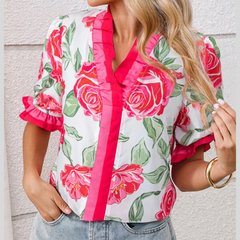 Floral Frilled V Neck Short Sleeve Blouse