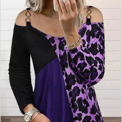 Full Size Leopard Cold Shoulder Long Sleeve T-Shirt