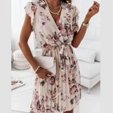 Floral Surplice Ruffled Cap Sleeve Dress