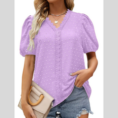 Puff Sleeve Swiss Dot Lace Trim Blouse
