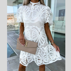 Lace Mock Neck Puff Sleeve Dress