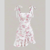 Ruffled Hem Floral Tie-Strap Mini Dress