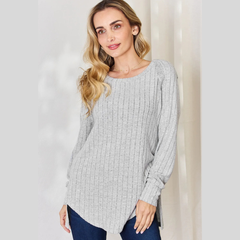 Basic Bae Full Size Ribbed Round Neck Slit T-Shirt