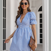 Decorative Button Plaid Short Sleeve Dress