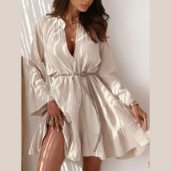Button Detail Notched Long Sleeve Dress