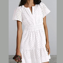 Eyelet Notched Short Sleeve Mini Dress