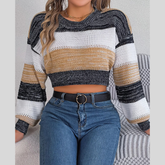 Cropped Striped Color Block Drop Shoulder Sweater