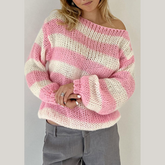 Contrast Striped Boat Neck Long Sleeve Sweater